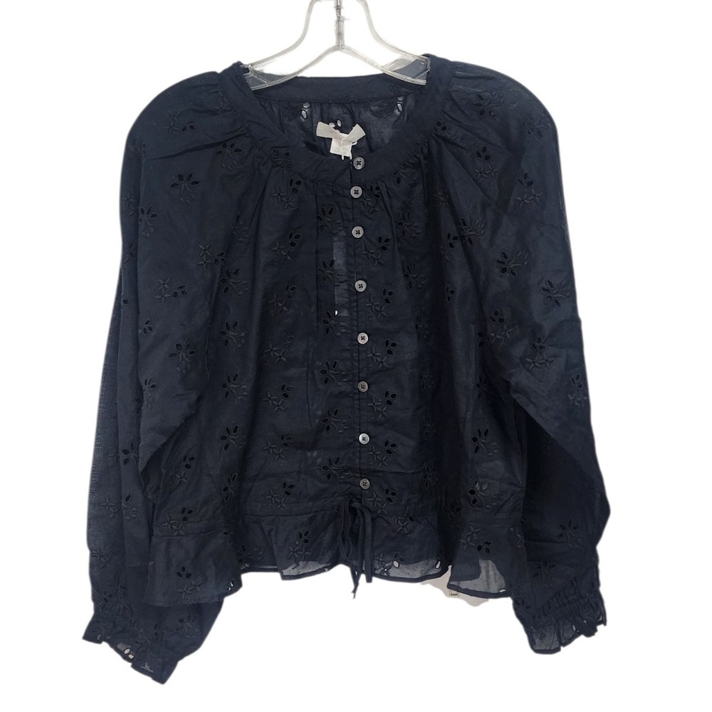 Outerknown Womens Button Down Long Sleeve Eyelet Top black - Size SP